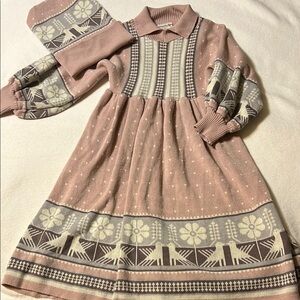 Charming Vintage Mauve Pink Knit Kids Dress large with matching hat